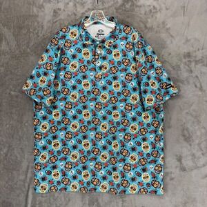 Kaipar Mens XXL Golf Polo Shirt Sugar‎ Skull Day of the Dead Floral Blue Stretch